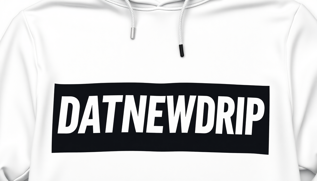 DATNEWDRIP In Bold bebas neu font with a black rectangle behind it like a supreme logo and placed on a white hoodie