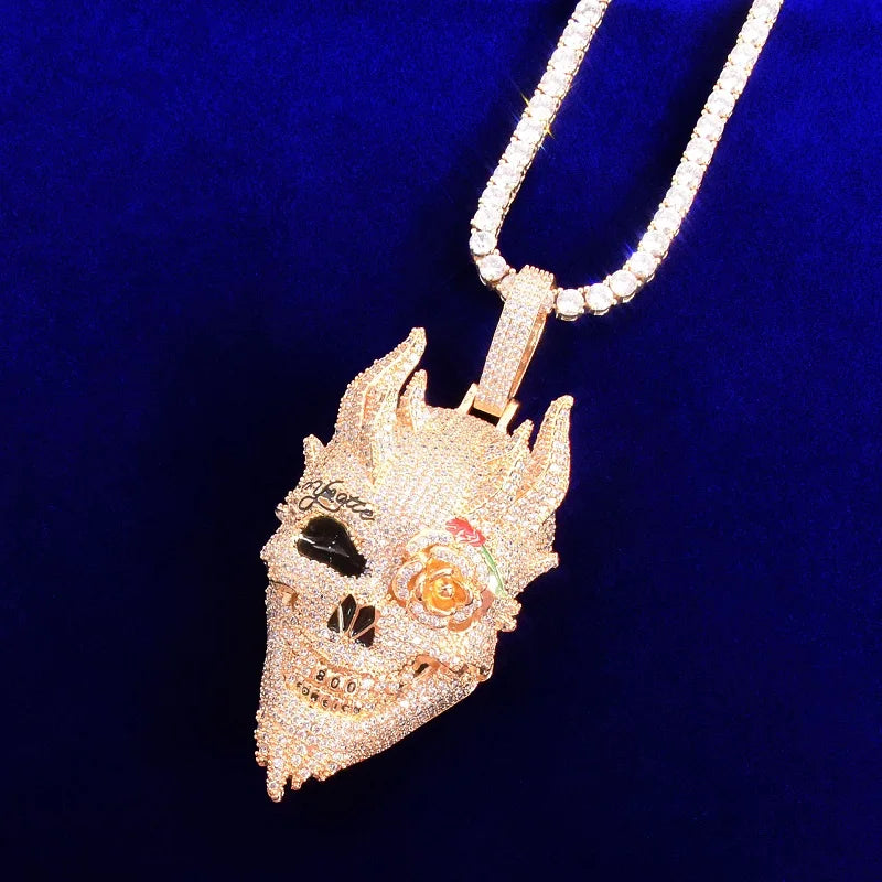 DATNEWDRIP Skull Men's Pendant Cubic Zircon Gold Color Plated Hip Hop Necklace Rock Jewelry
