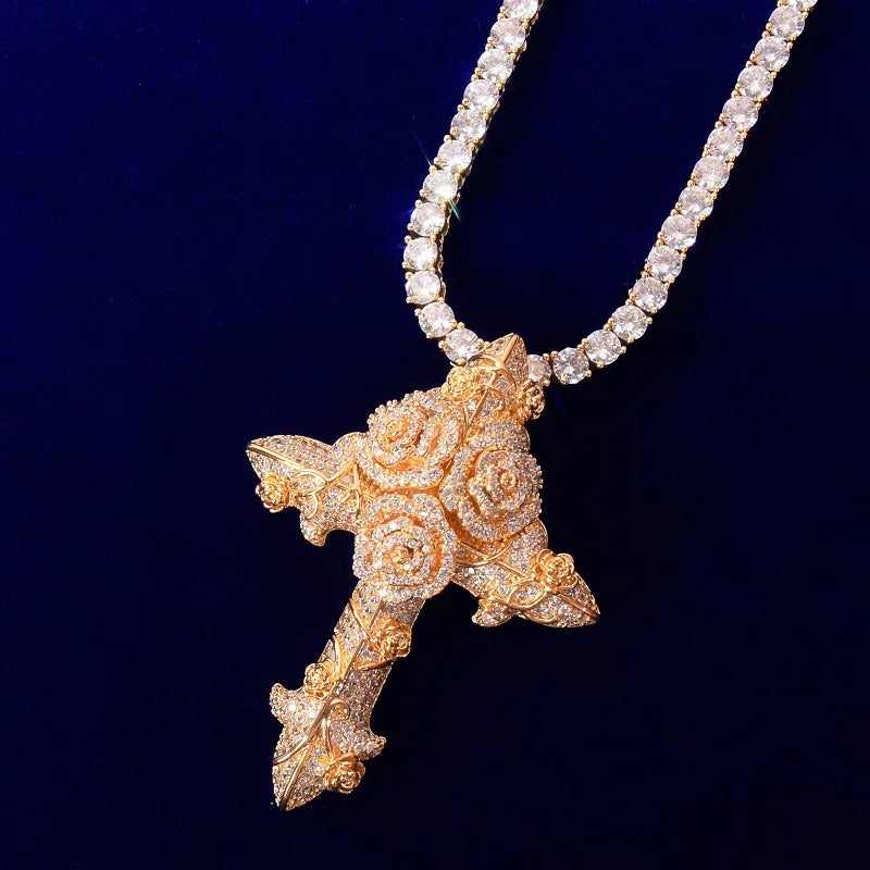 DATNEWDRIP Cross Flower Necklaces & Pendant Gold Color Plated Bling Cubic Zircon Men's Hip Hop Jewelry
