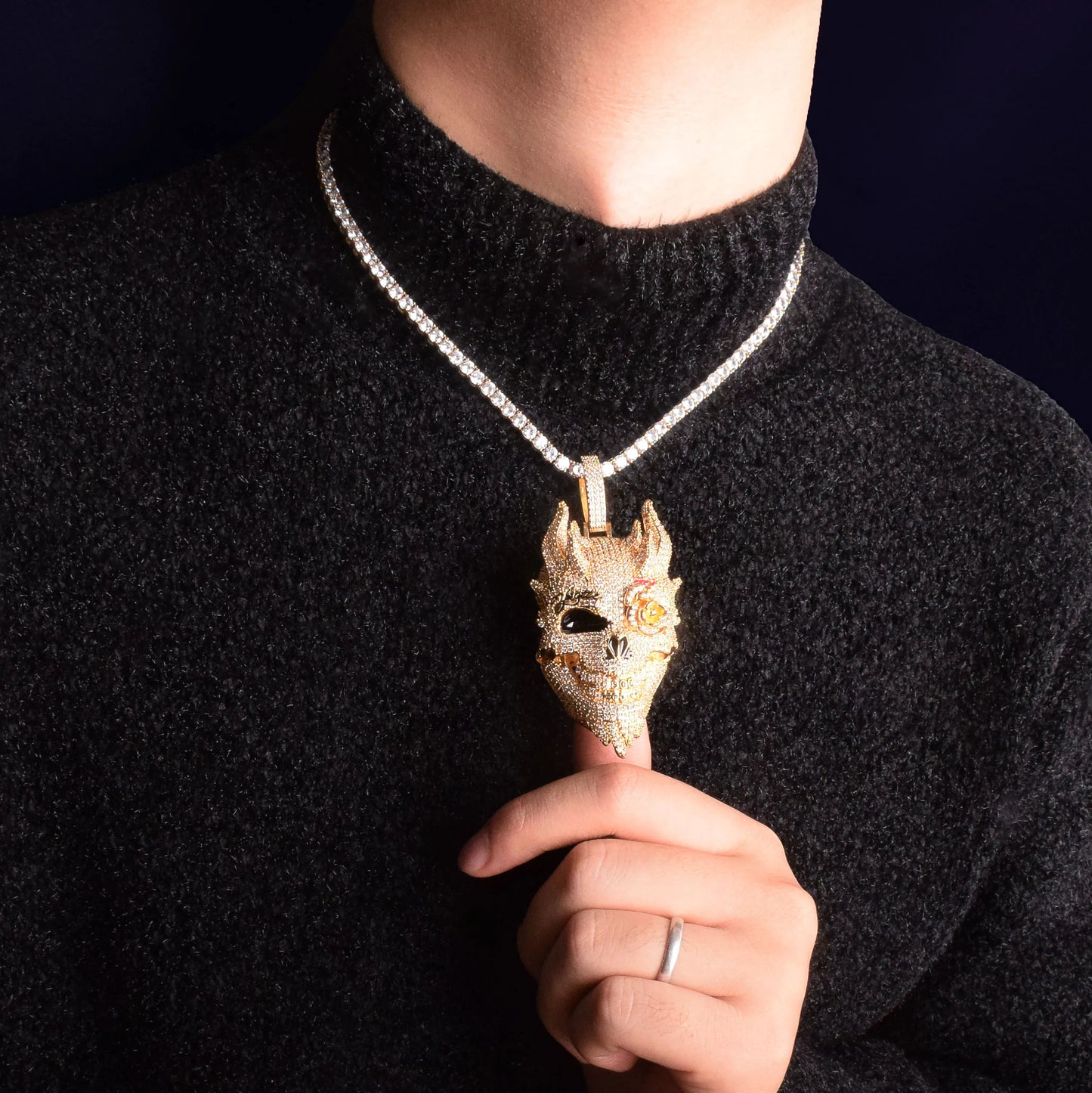 DATNEWDRIP Skull Men's Pendant Cubic Zircon Gold Color Plated Hip Hop Necklace Rock Jewelry