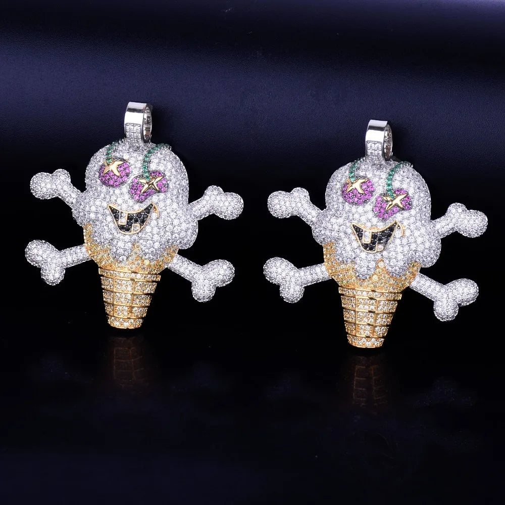 DATNERWDRIP Skull Ice Cream Shape Necklace& Pendant Gold Color AAA Cubic Zircon Men's Hip Hop Jewelry