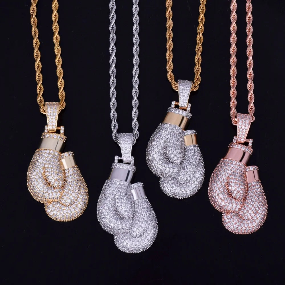 DATNEWDRIP Boxing Gloves Pendant Necklace & Pendant Gold Color Iced Cubic Zircon Men's Hip Hop Jewelry