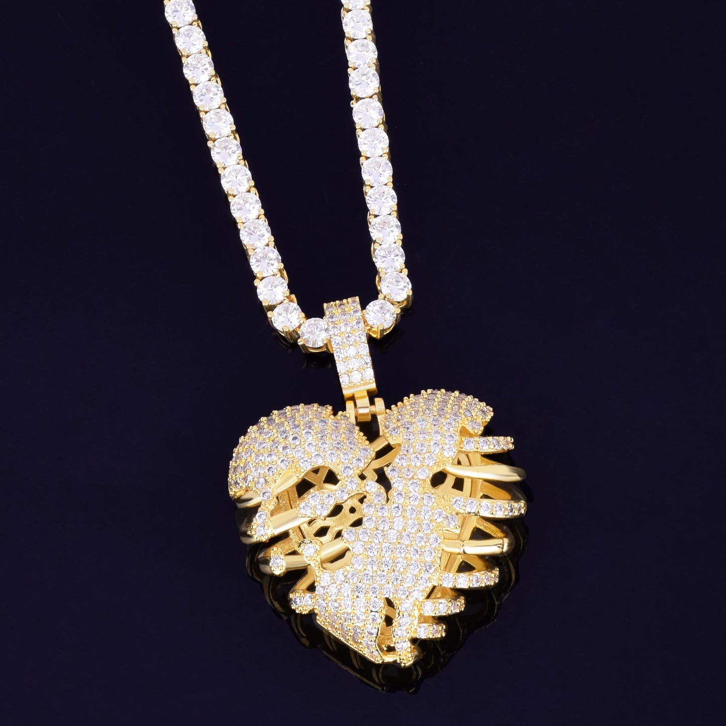 DATNEWDRIP Broken Skeleton Heart Pendant Necklace AAA Cubic Zircon Men's Hip Hop Rock Jewelry
