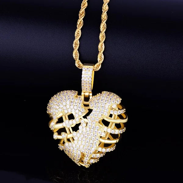 DATNEWDRIP Broken Skeleton Heart Pendant Necklace AAA Cubic Zircon Men's Hip Hop Rock Jewelry