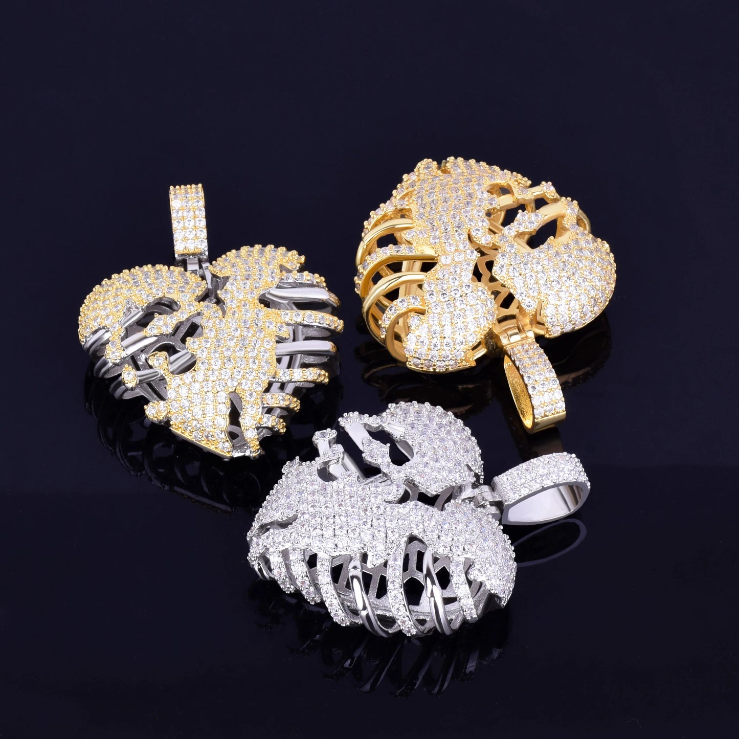 DATNEWDRIP Broken Skeleton Heart Pendant Necklace AAA Cubic Zircon Men's Hip Hop Rock Jewelry