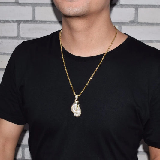 DATNEWDRIP Boxing Gloves Pendant Necklace & Pendant Gold Color Iced Cubic Zircon Men's Hip Hop Jewelry