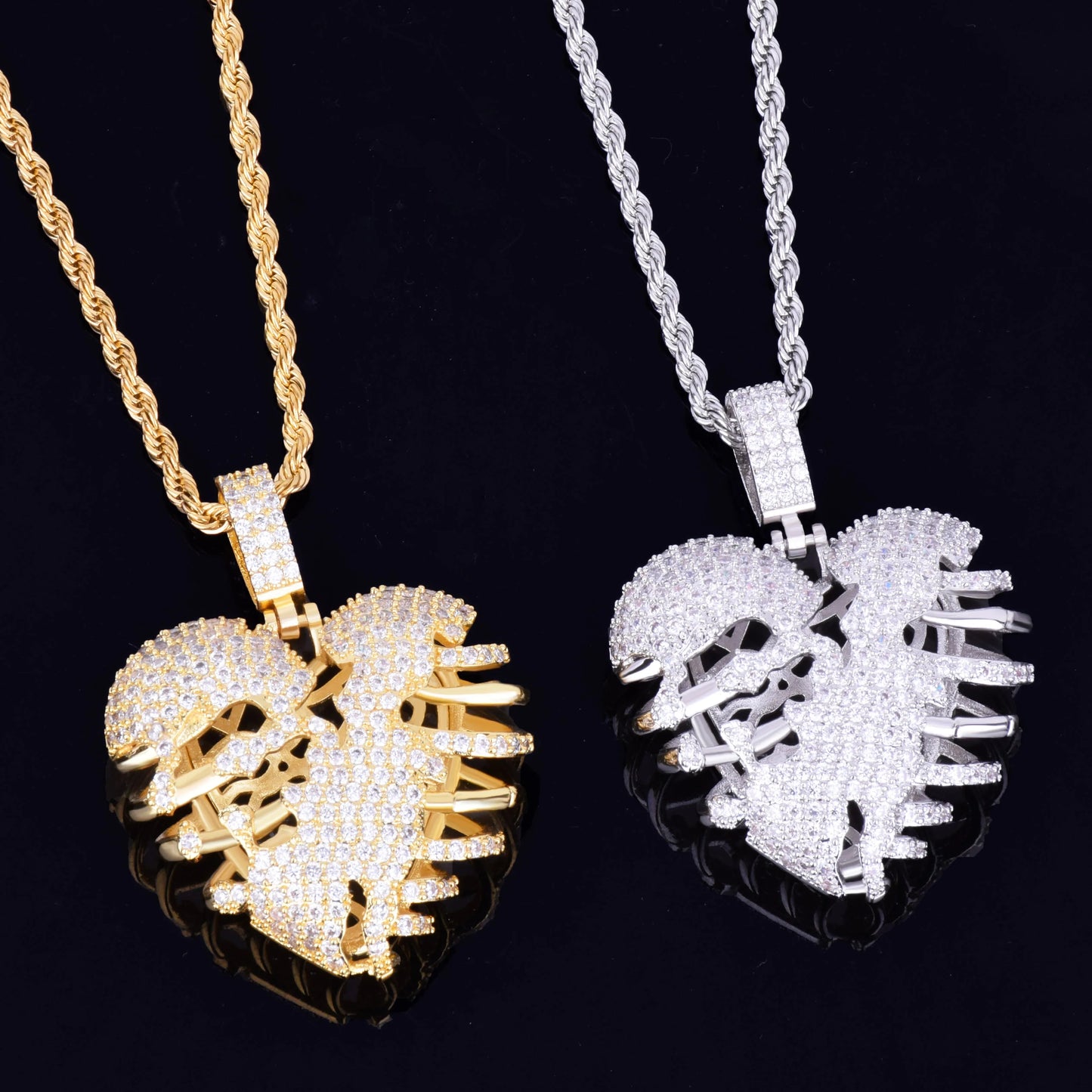 DATNEWDRIP Broken Skeleton Heart Pendant Necklace AAA Cubic Zircon Men's Hip Hop Rock Jewelry