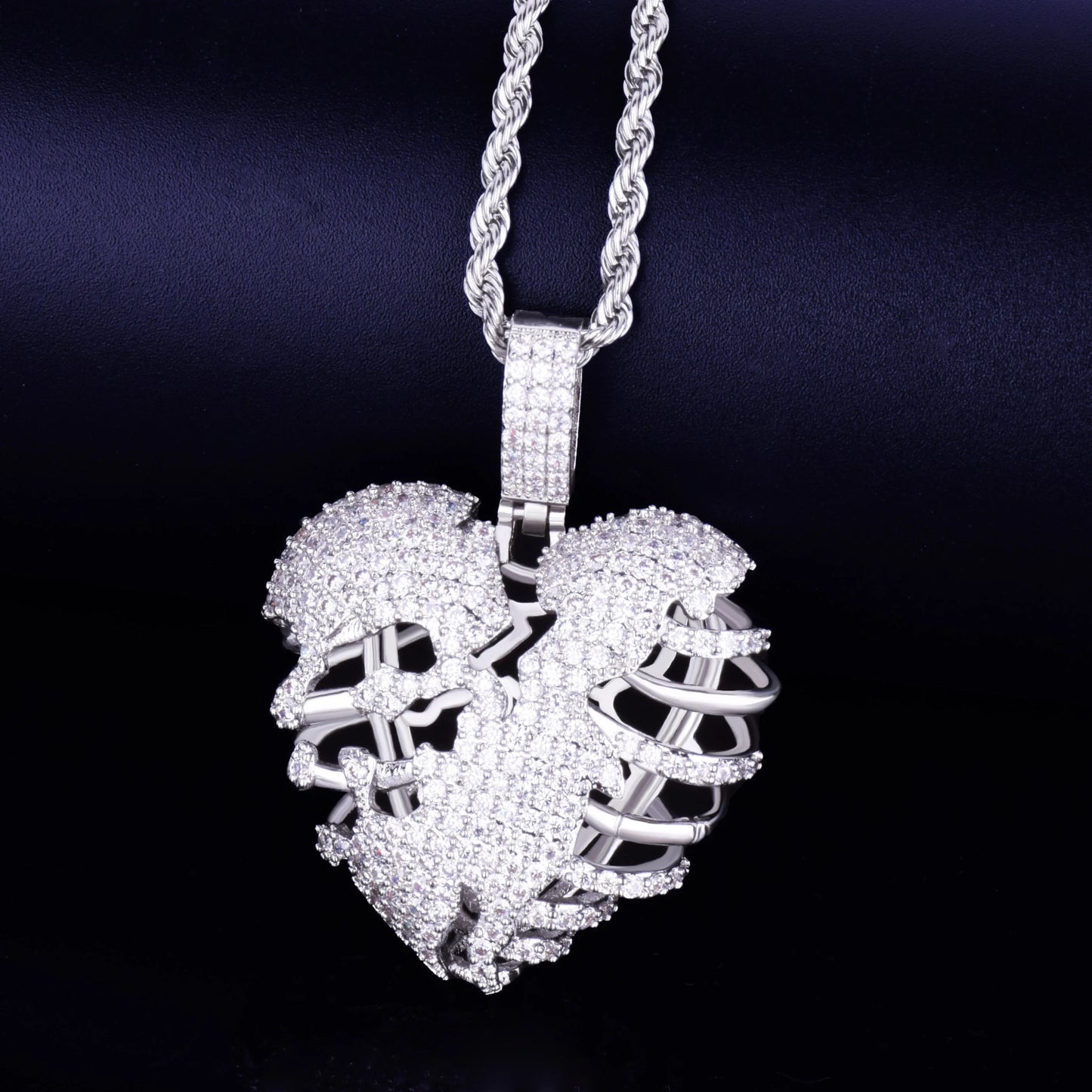 DATNEWDRIP Broken Skeleton Heart Pendant Necklace AAA Cubic Zircon Men's Hip Hop Rock Jewelry