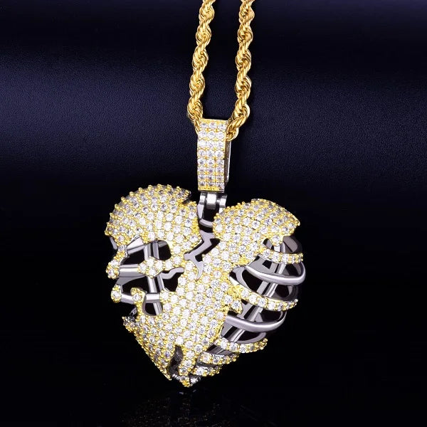 DATNEWDRIP Broken Skeleton Heart Pendant Necklace AAA Cubic Zircon Men's Hip Hop Rock Jewelry