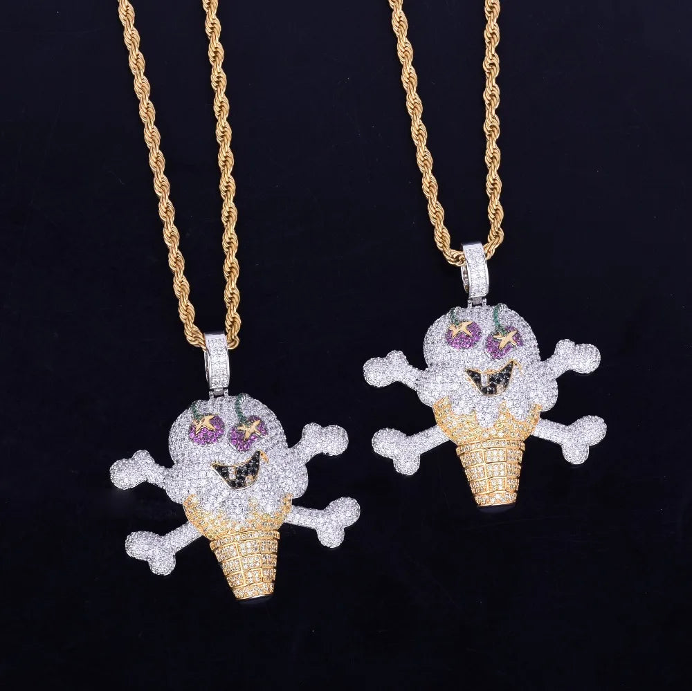 DATNERWDRIP Skull Ice Cream Shape Necklace& Pendant Gold Color AAA Cubic Zircon Men's Hip Hop Jewelry