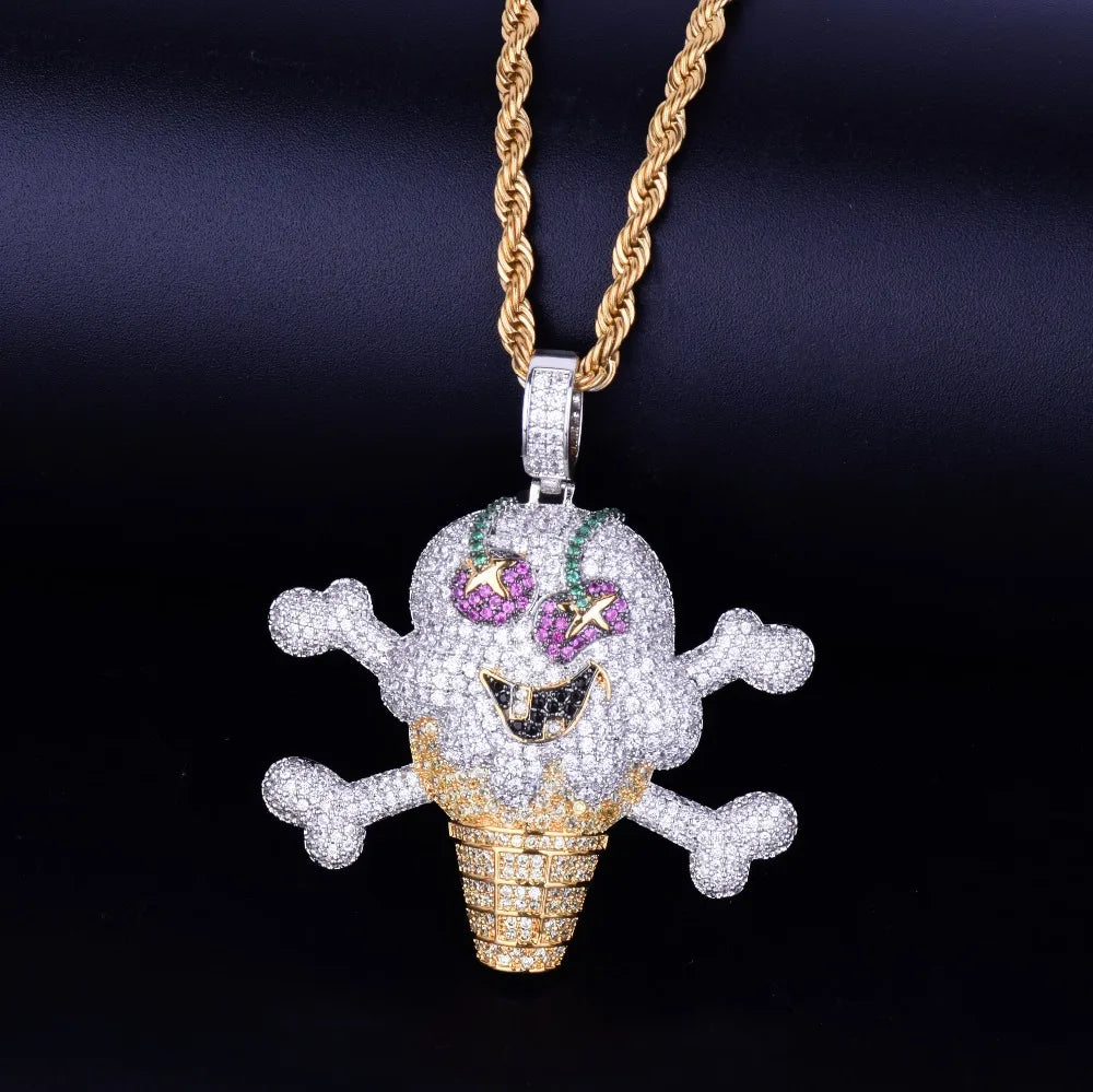 DATNERWDRIP Skull Ice Cream Shape Necklace& Pendant Gold Color AAA Cubic Zircon Men's Hip Hop Jewelry