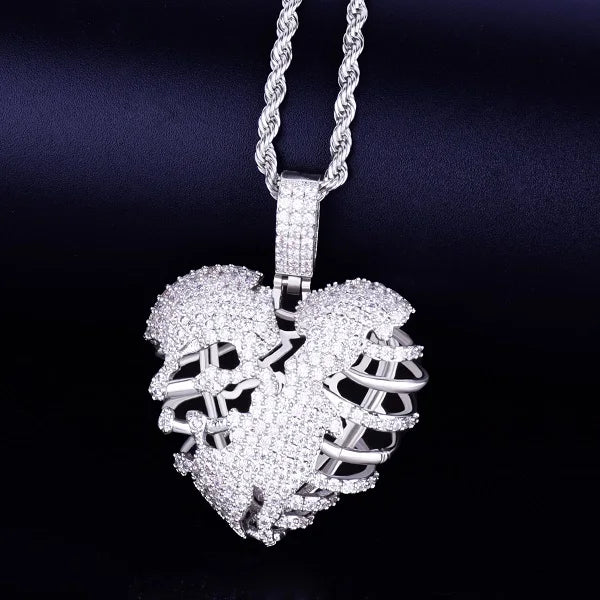 DATNEWDRIP Broken Skeleton Heart Pendant Necklace AAA Cubic Zircon Men's Hip Hop Rock Jewelry