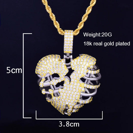 DATNEWDRIP Broken Skeleton Heart Pendant Necklace AAA Cubic Zircon Men's Hip Hop Rock Jewelry