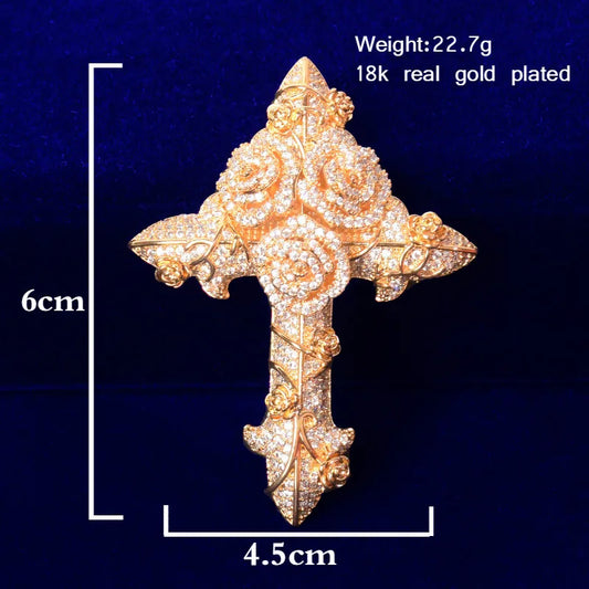 DATNEWDRIP Cross Flower Necklaces & Pendant Gold Color Plated Bling Cubic Zircon Men's Hip Hop Jewelry
