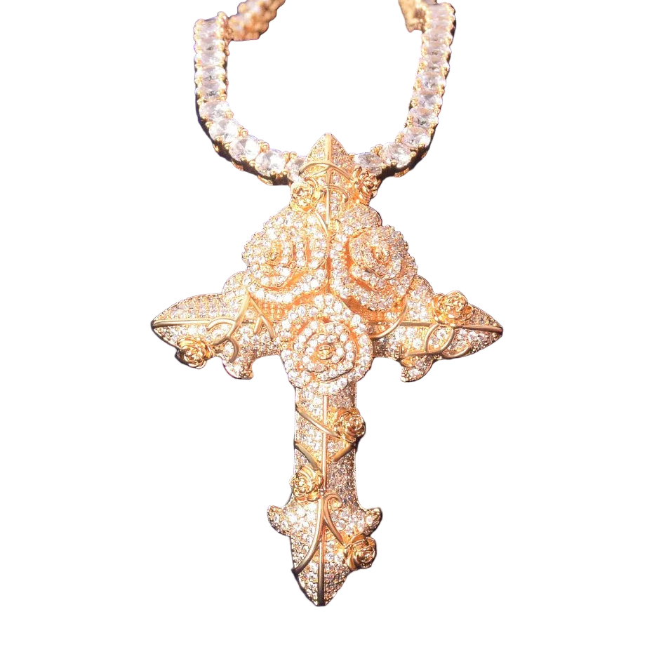 Gold cross pendant necklace on a blue background