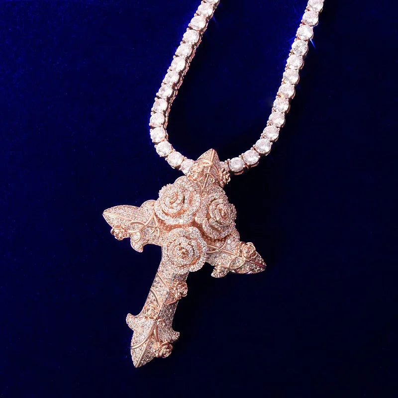 DATNEWDRIP Cross Flower Necklaces & Pendant Gold Color Plated Bling Cubic Zircon Men's Hip Hop Jewelry