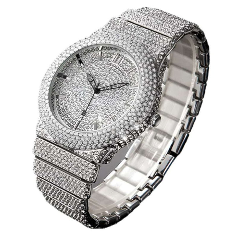 A fully iced-out watch with mini gemstones on the band and dial, showcasing a luxurious and sparkling appearance.