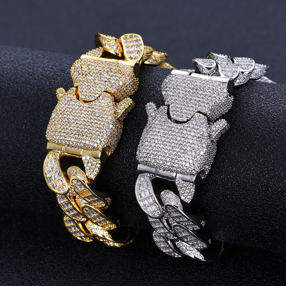 Iced Out Curbed Cuban Link Chain Style Baguette Stacked Wing Clip Bracelet