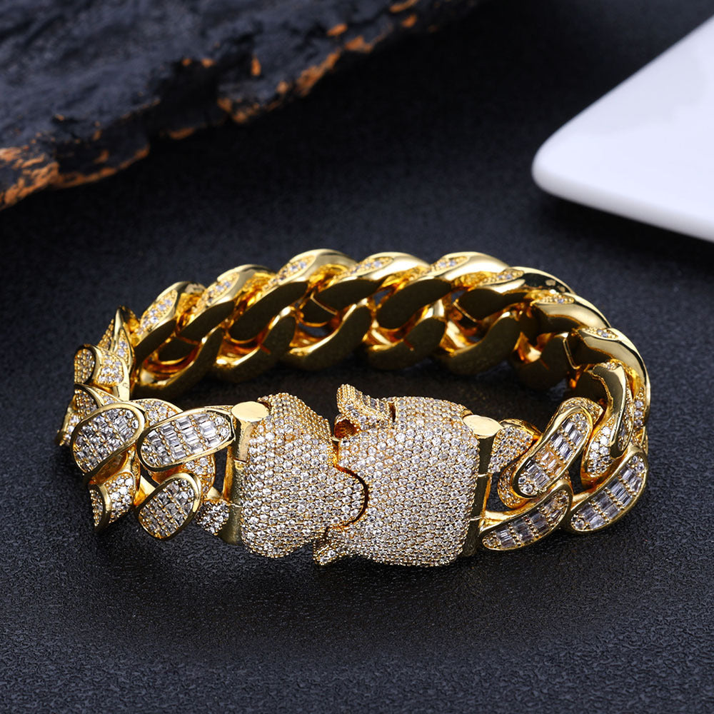 Iced Out Curbed Cuban Link Chain Style Baguette Stacked Wing Clip Bracelet