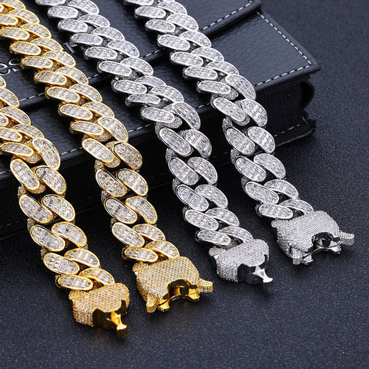 Iced Out Curbed Cuban Link Chain Style Baguette Stacked Wing Clip Bracelet