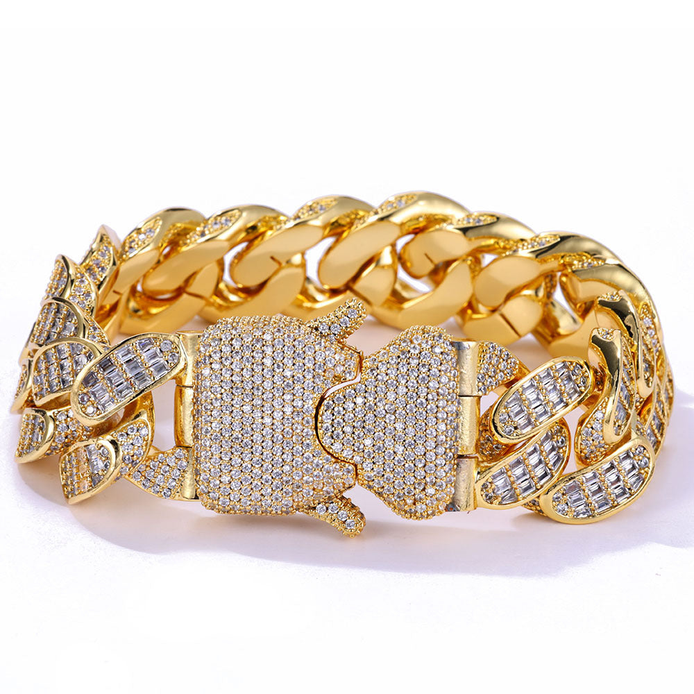 Iced Out Curbed Cuban Link Chain Style Baguette Stacked Wing Clip Bracelet