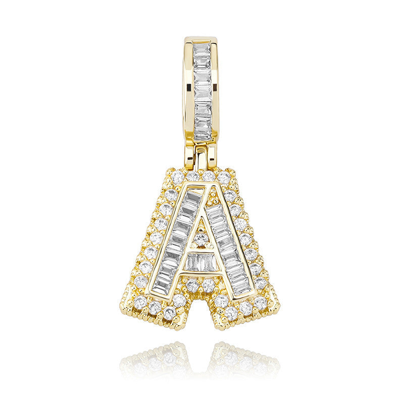 DatNewDrip iced out alphabet pendant letter A gold with baguette and round cubic zirconia stones