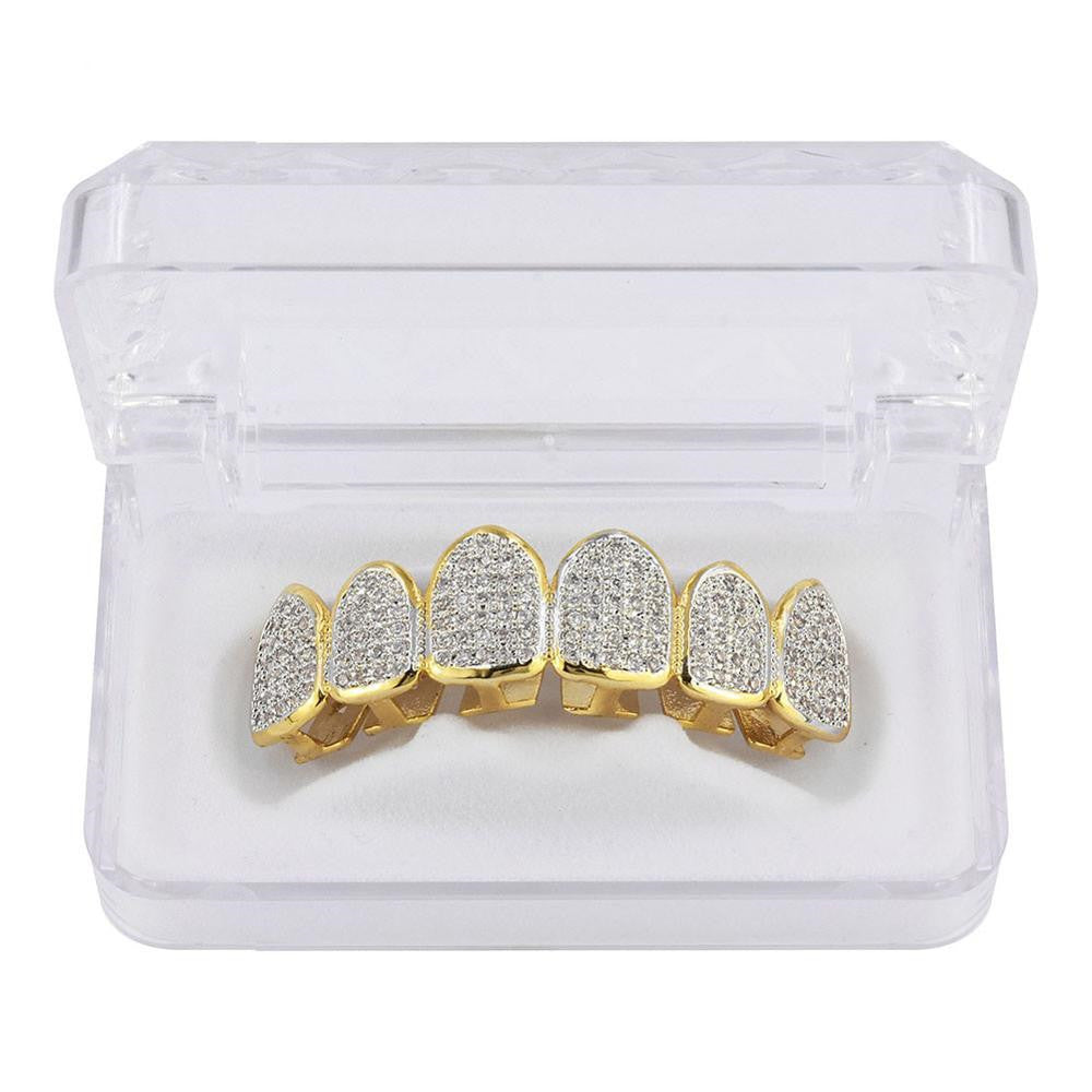 DatNewDrip gold top teeth six piece iced out grillz with pave CZ stones in clear display case on white background