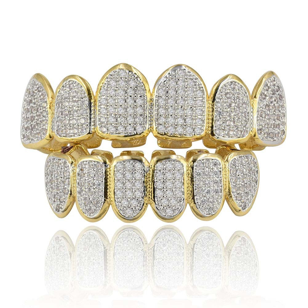 DatNewDrip gold plated full top and bottom iced out grillz with pave cubic zirconia stones