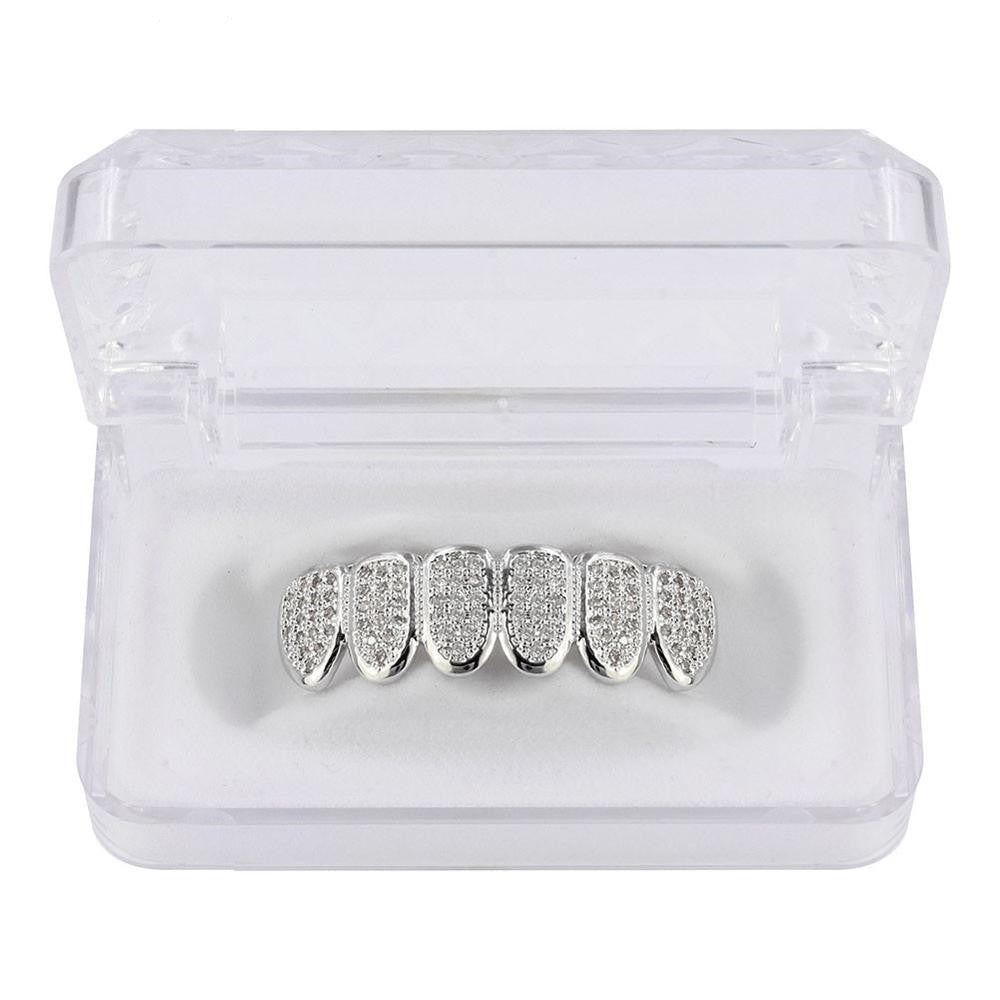 DatNewDrip iced out grillz silver six tooth pave diamonds top in clear plastic display case
