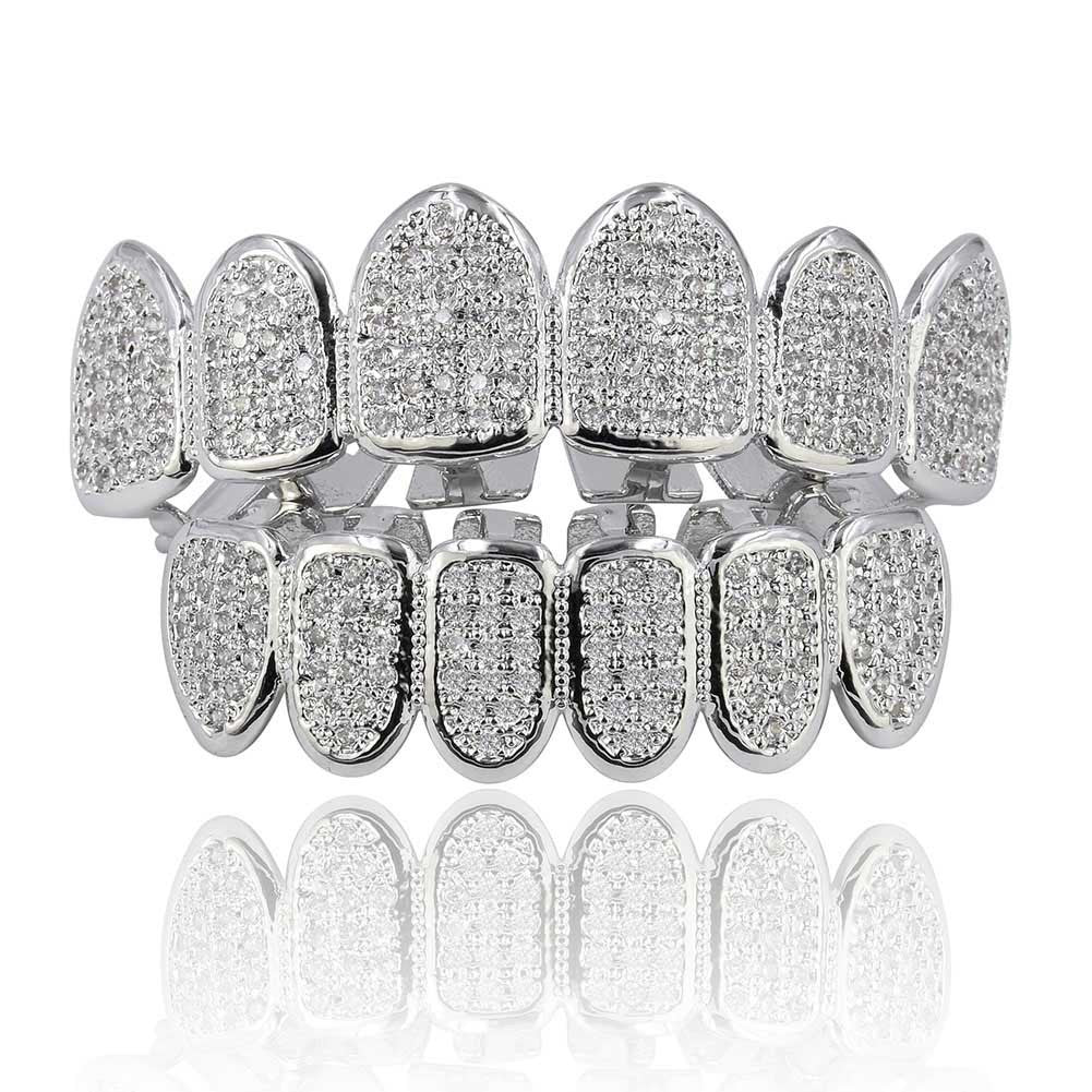 DatNewDrip silver full set iced out grillz with pave cubic zirconia stones for bold hip hop style