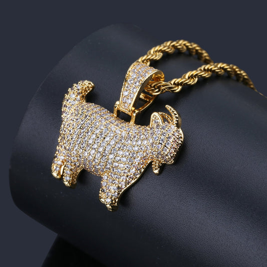 DatNewDrip iced out goat pendant gold CZ pave stones on twisted rope chain luxury hip hop jewelry