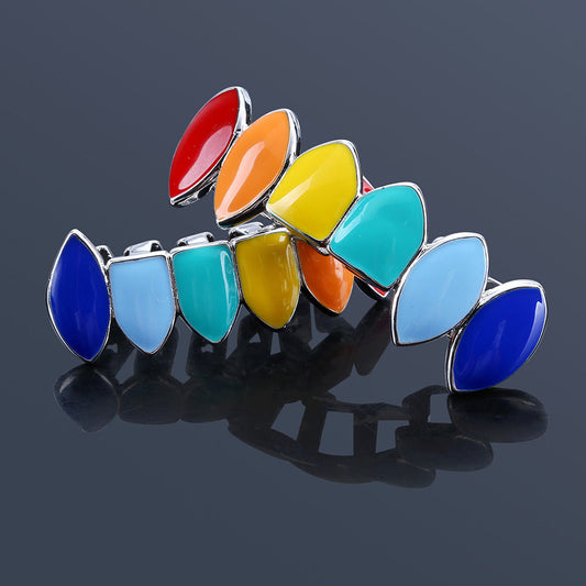 DatNewDrip colorful enamel rainbow grillz for teeth silver plated multicolor front tooth caps