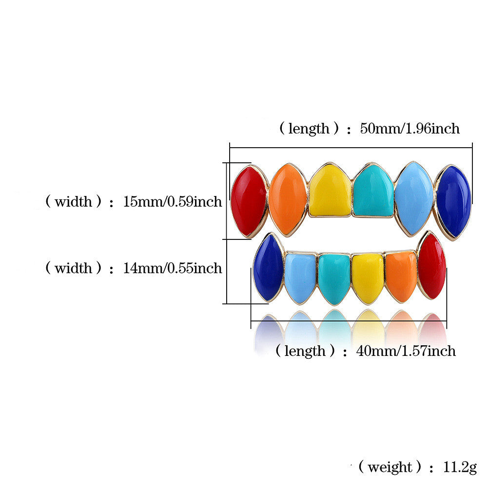 DatNewDrip colorful enamel gold upper and lower rainbow grillz for teeth with size measurements