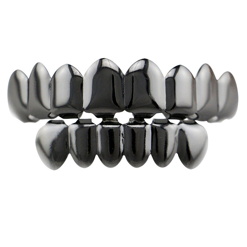 DatNewDrip 8 tooth gold grillz in black rhodium plated finish upper and lower teeth caps closeup