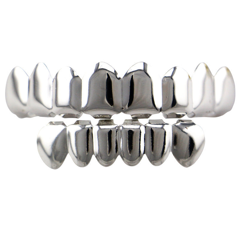 DatNewDrip 8 tooth gold grillz style upper and lower caps shown in polished silver finish
