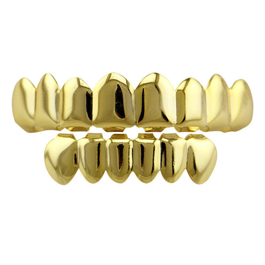 DatNewDrip 8 tooth gold grillz set polished upper and lower gold teeth for a stylish hip hop look