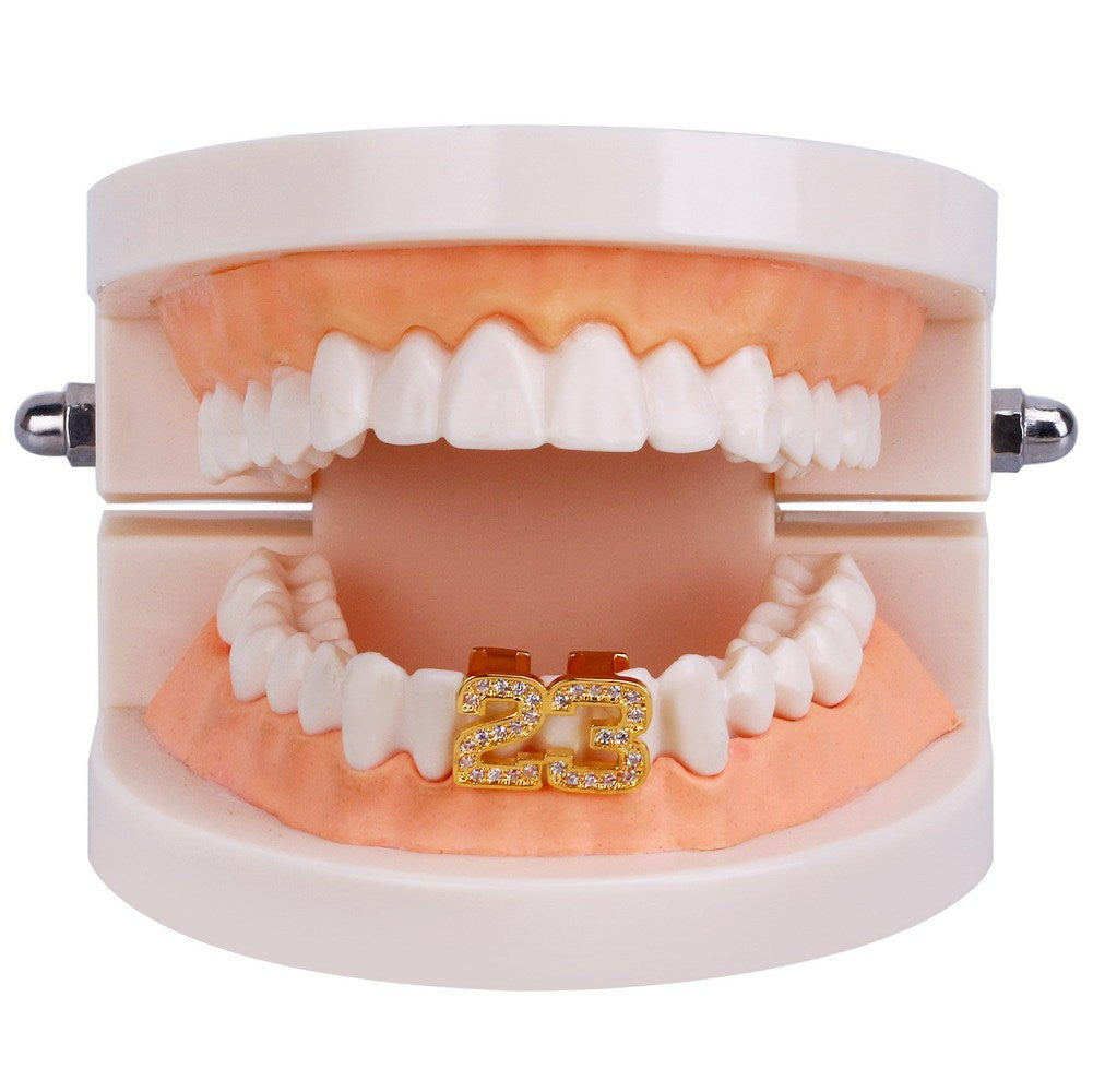 DatNewDrip 23 two tooth grillz set gold number 23 rhinestone two tooth caps on lower teeth display