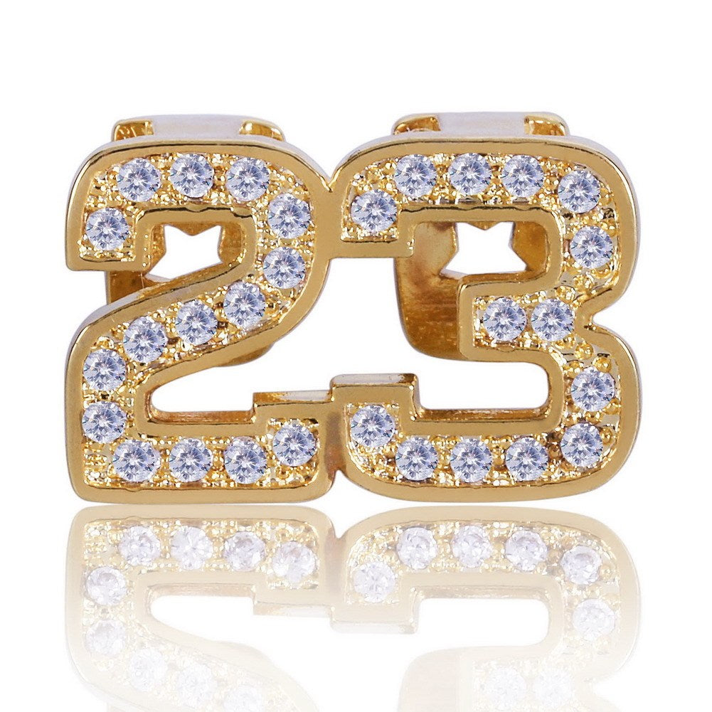 DatNewDrip gold number 23 two tooth grillz set with clear cubic zirconia stones for front teeth