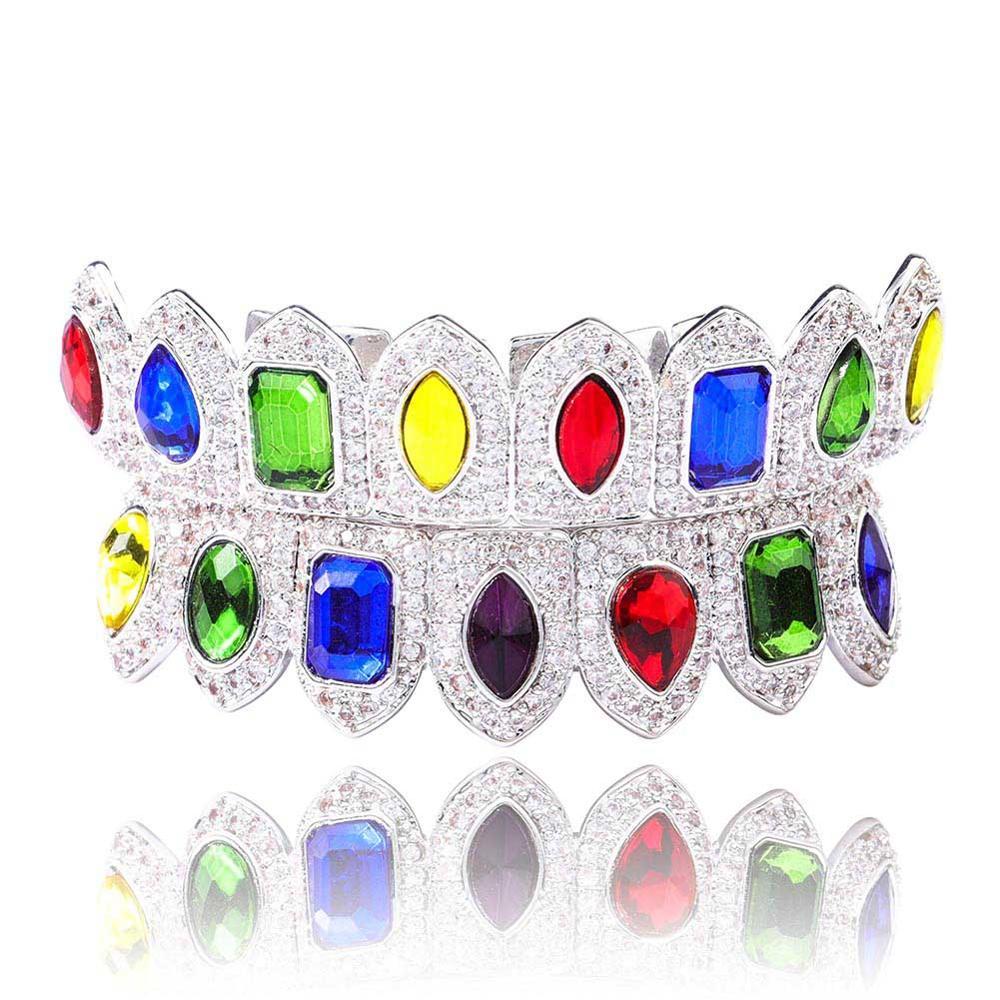 DatNewDrip colored gem grillz upper and lower silver dental jewelry with multicolor gemstones and pave crystals