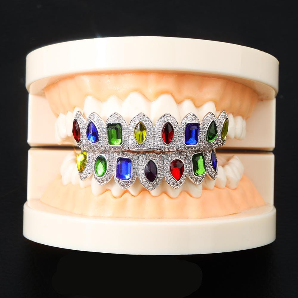 DatNewDrip colored gem grillz on dental model silver plated full set with multicolor gemstones