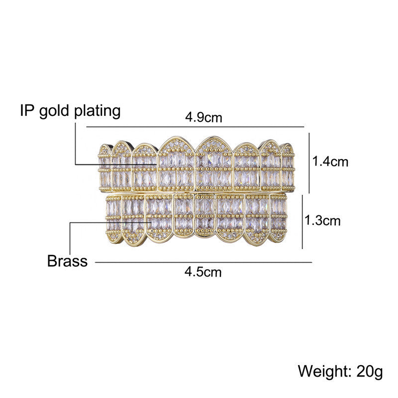 Gold plated brass iced out baguette grillz two row set with clear baguette stones and measurement labels