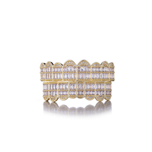 Gold plated iced out baguette grillz full set with double rows of baguette diamonds and reflective finish