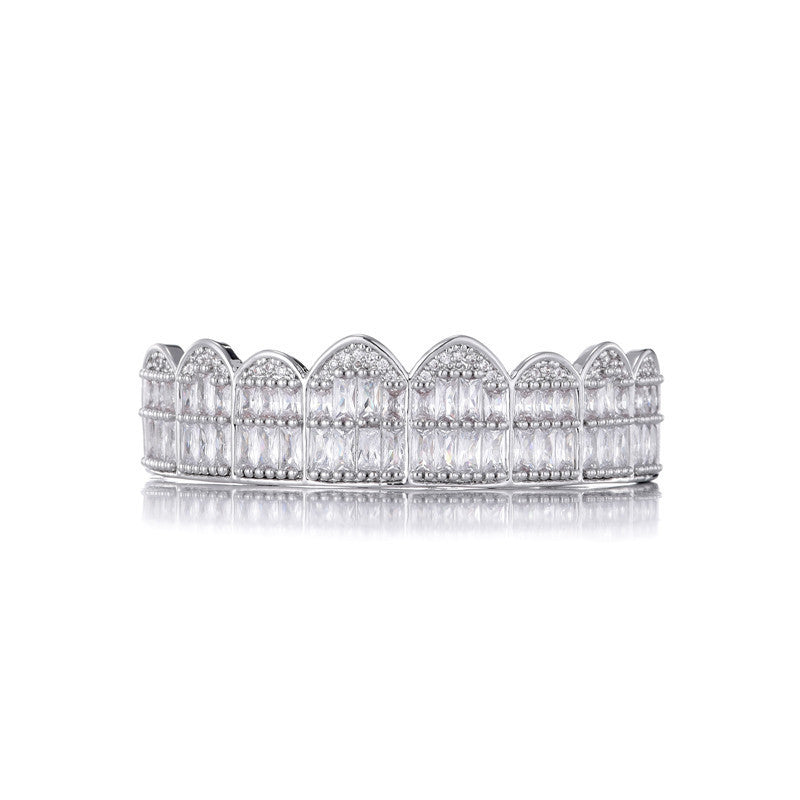 Silver iced out baguette grillz full top dental jewelry with scalloped arch and clear baguette stones