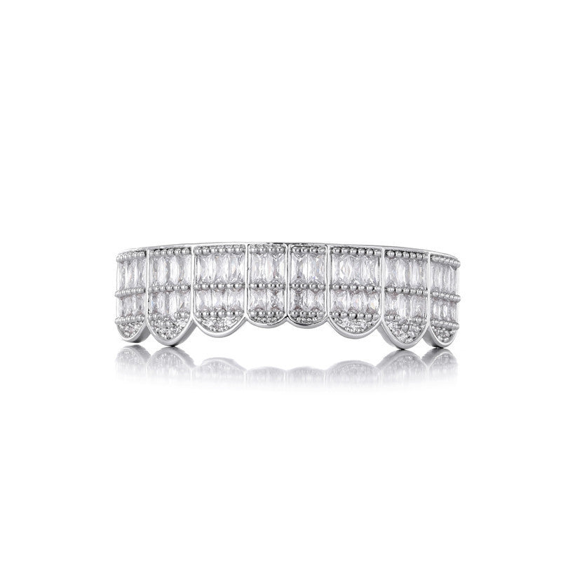 Silver tone iced out baguette grillz full top dental grill with scalloped baguette diamonds and reflective finish
