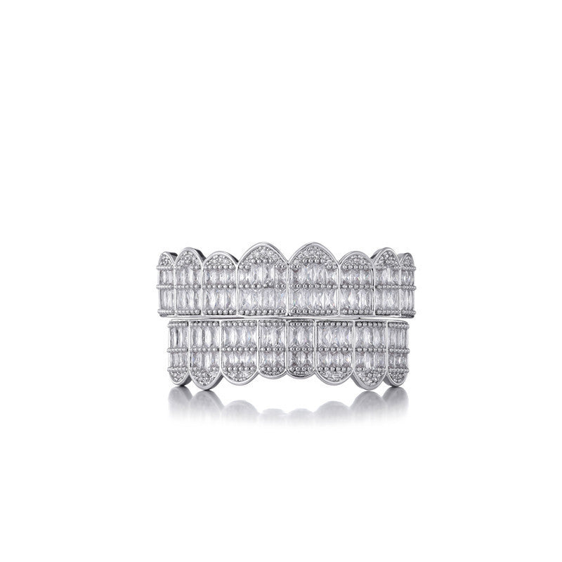 Silver iced out baguette grillz full set with multiple baguette and round stones for upper and lower teeth