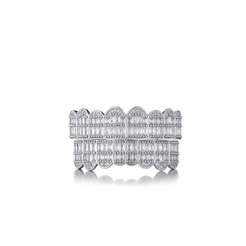 Silver iced out baguette grillz full mouth set with scalloped multirow baguette stones
