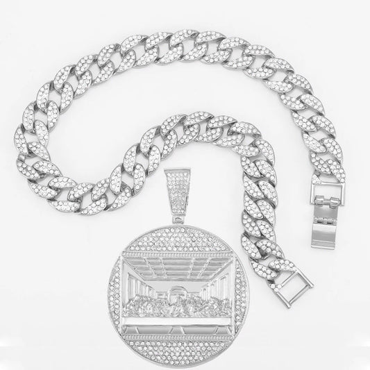 DatNewDrip iced out last supper pendant on silver Cuban link chain with pave and baguette stones