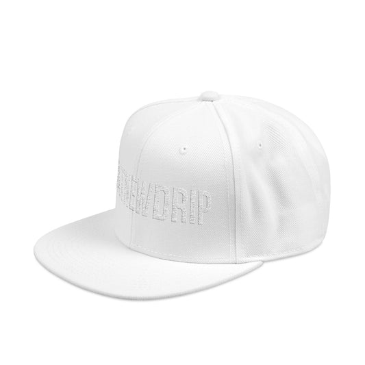 DatNewDrip white letter hip hop snapback hat with flat brim and embroidered logo
