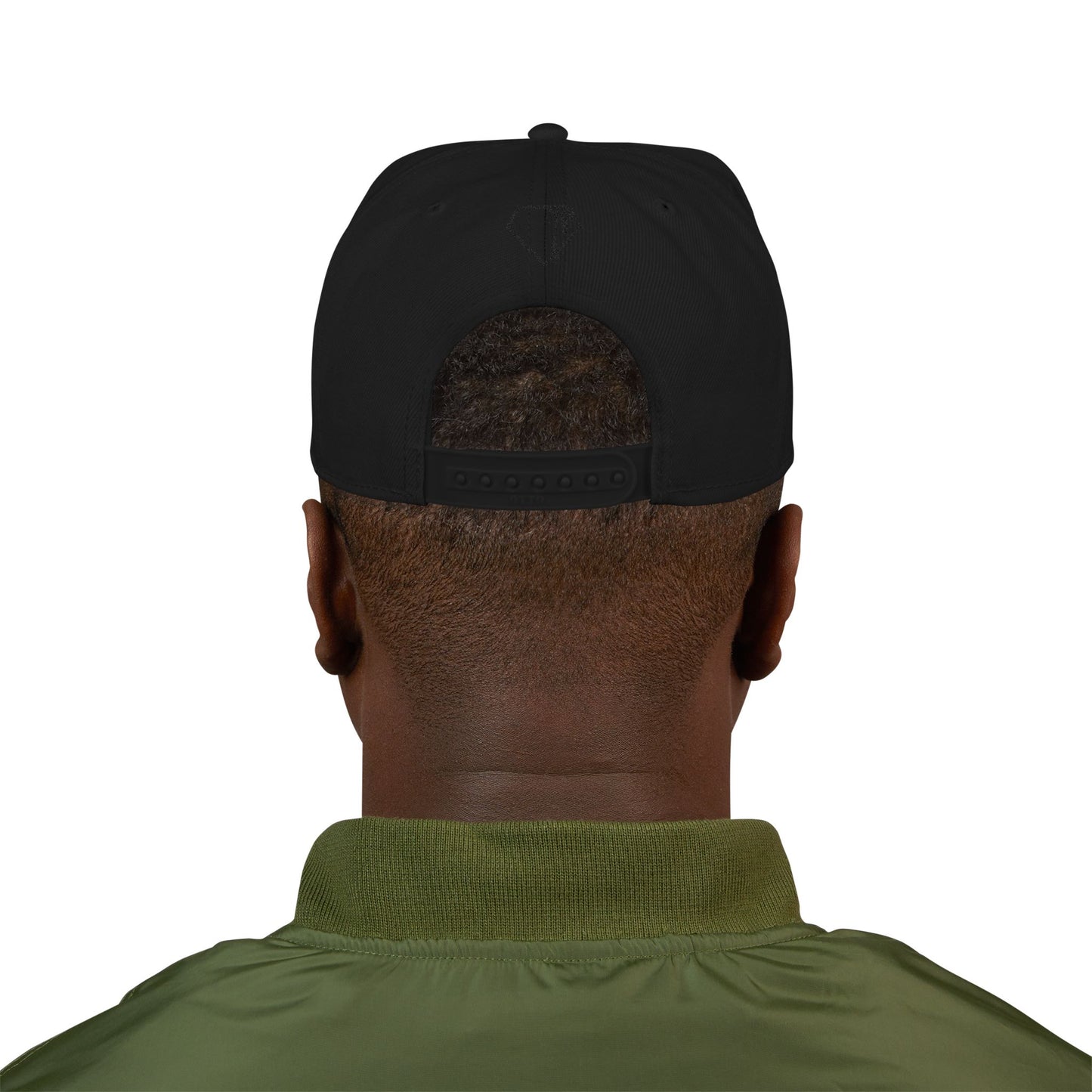 Back view of a man wearing a black adjustable snapback hat from DatNewDrip for white snapback hip-hop style