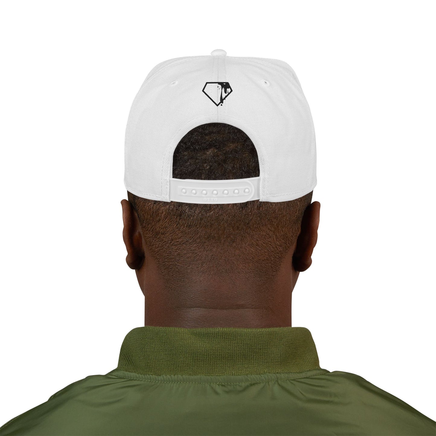 Back view of man wearing a white snapback hip-hop style hat by DatNewDrip with adjustable strap